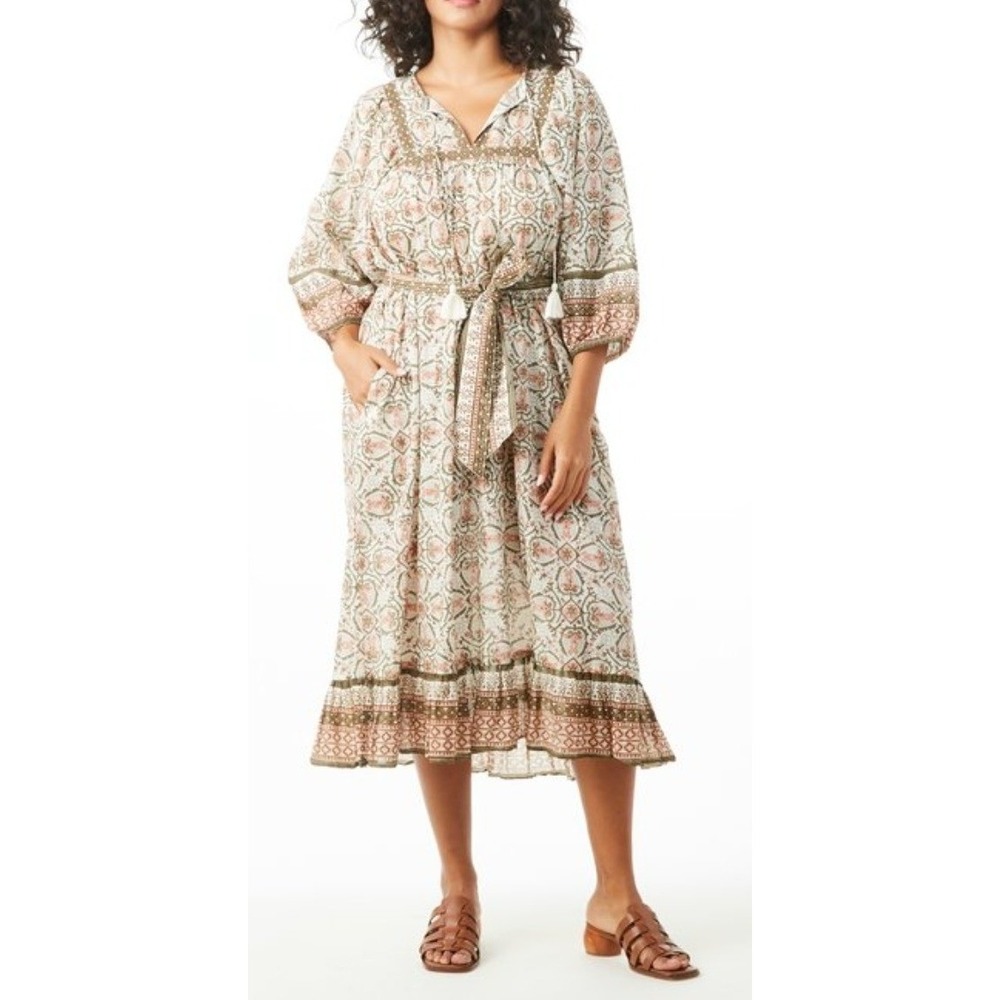 Cleobella Woodblock Floral Midi Dress XL Green Terracotta Tassel Boho Ruffle Hem
